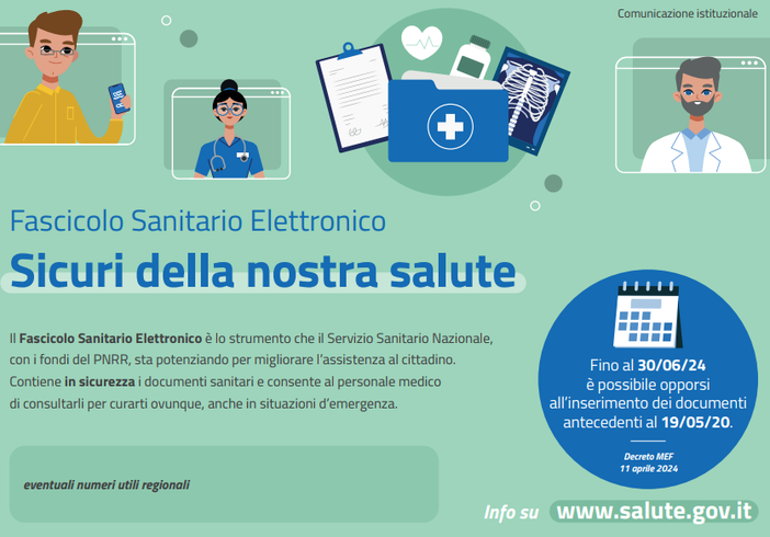 Fino al 30 giugno i cittadini possono opporsi all’inserimento sul Fascicolo Sanitario Elettronico 2.0 dei dati precedenti al 19 maggio 2020